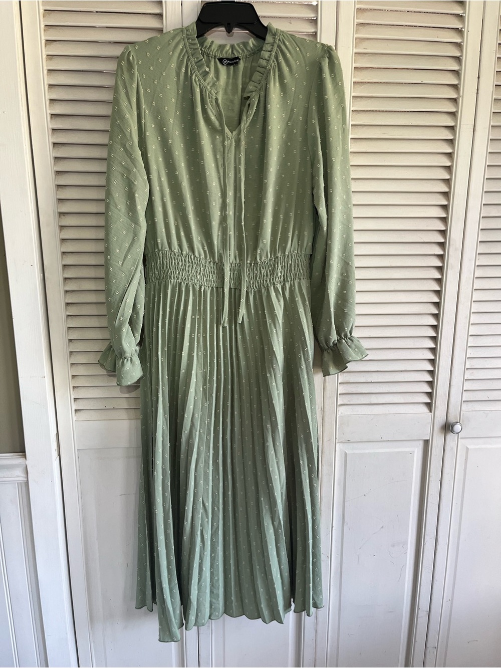 Pretty garden Sage Green Long-Sleeve Pleated Midi Dress with Smocked Waist